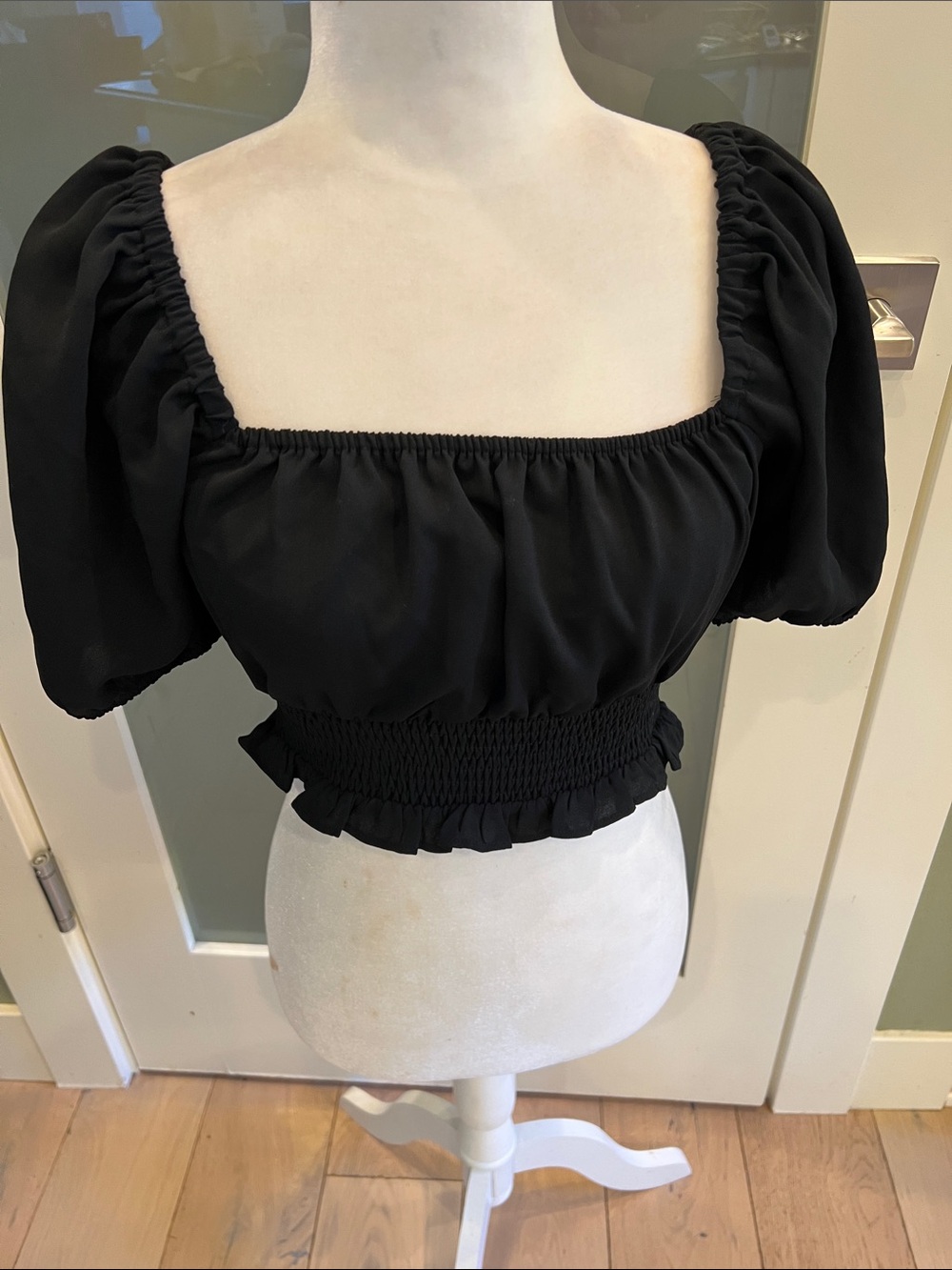 Bar III Black Smocked Puff Sleeve Crop Top